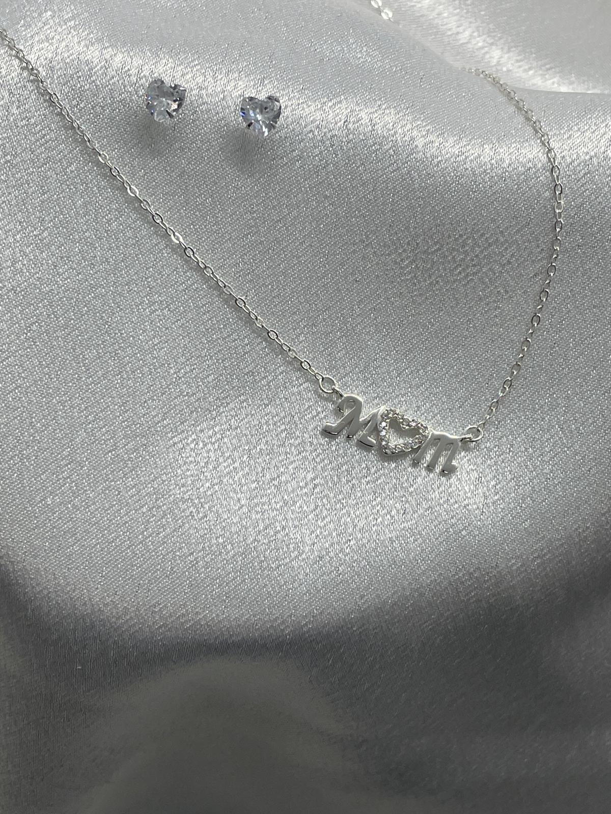 Silver "Mom" Pendent And Hearth Earrings