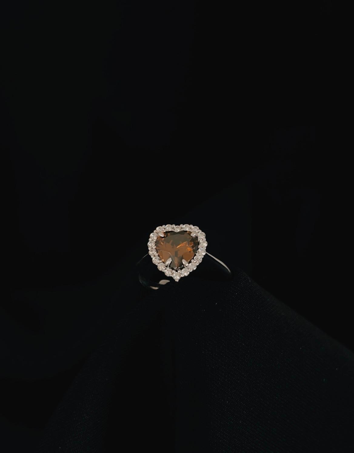 14K White Gold Natural Citrine & C/Z Heart Ring