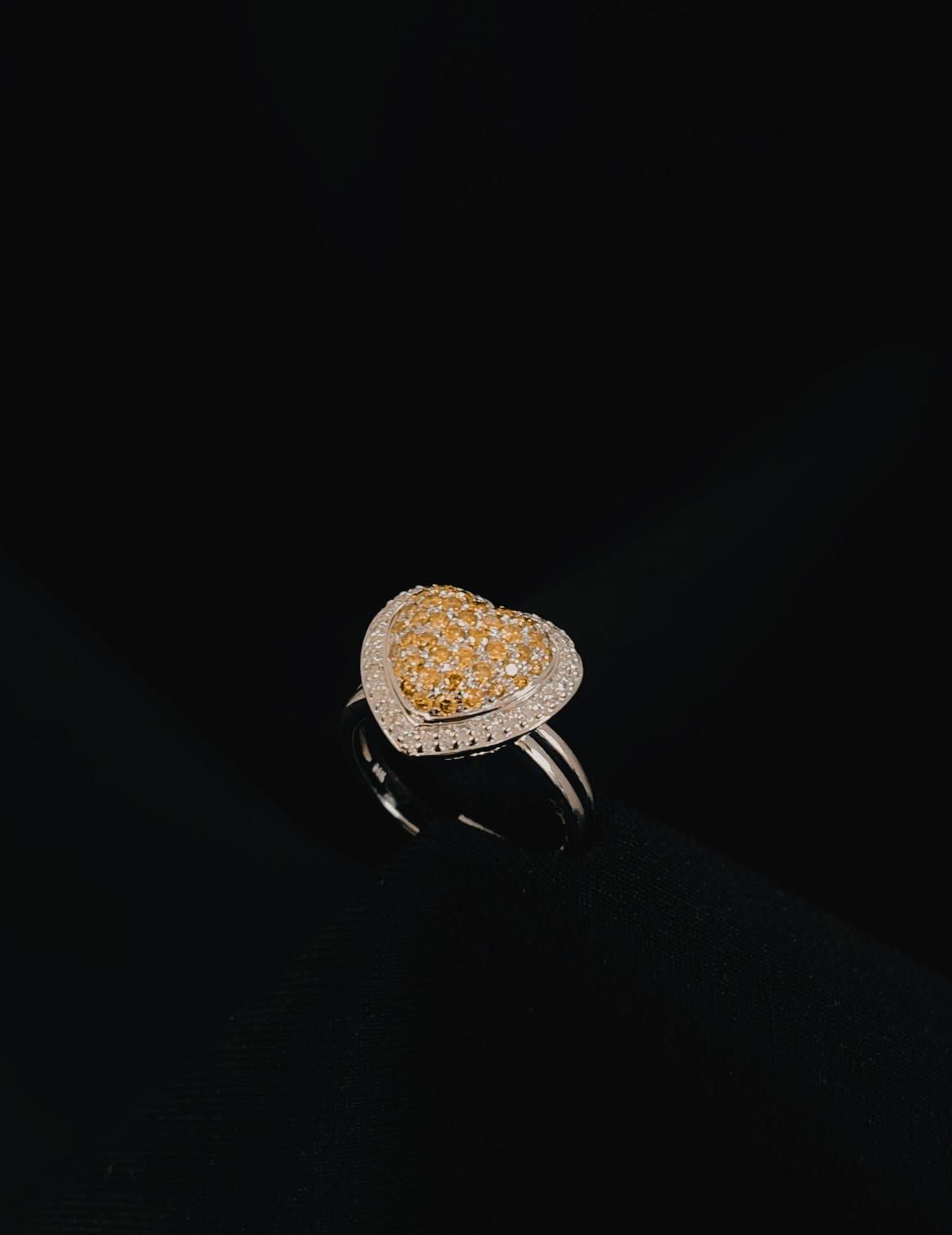 14k White gold Heart Natural Diamond Yellow and White Diamond Ring