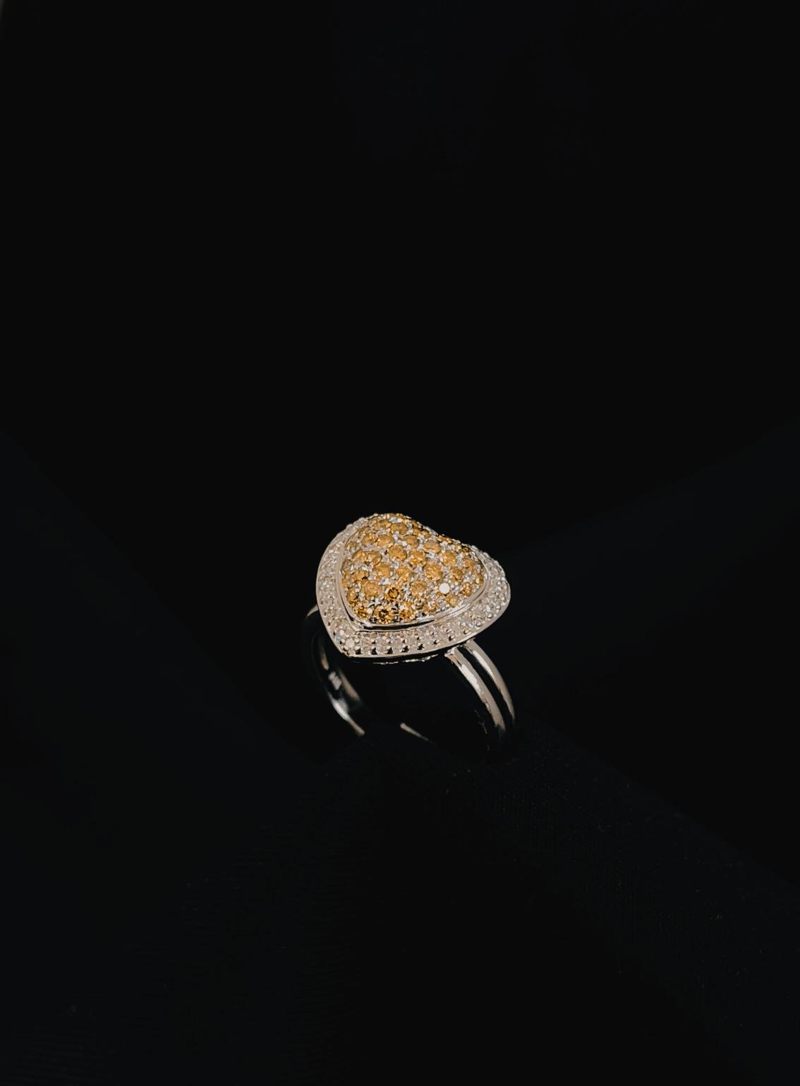 14k White gold Heart Natural Diamond Yellow and White Diamond Ring