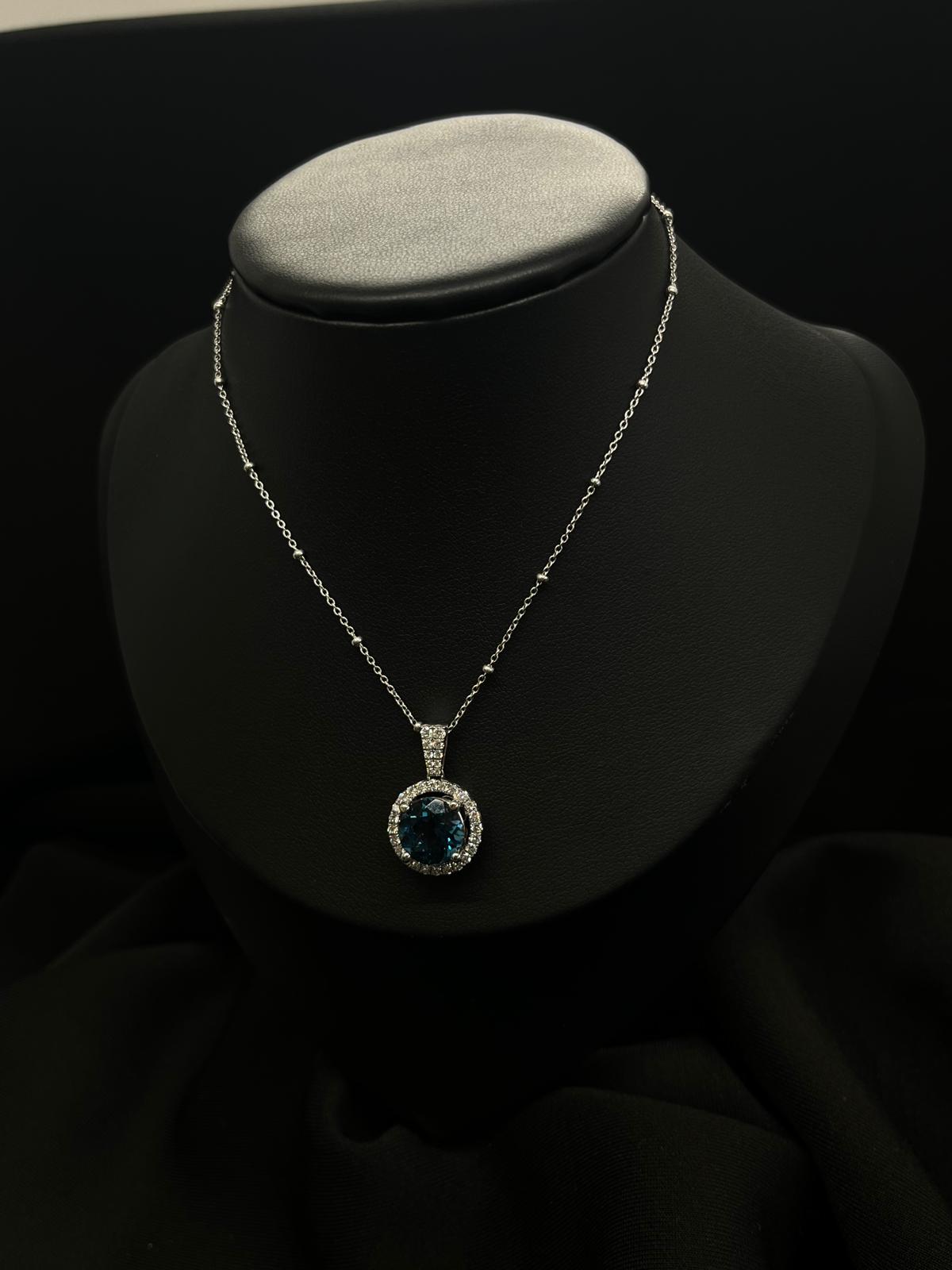 14k White Gold Natural Diamond & Blue Topaz