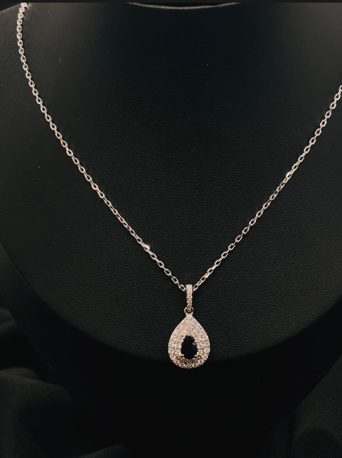 14K White Gold Diamond(0.51Ct)  Necklace With Blue Sapphire(0.60Ct)
