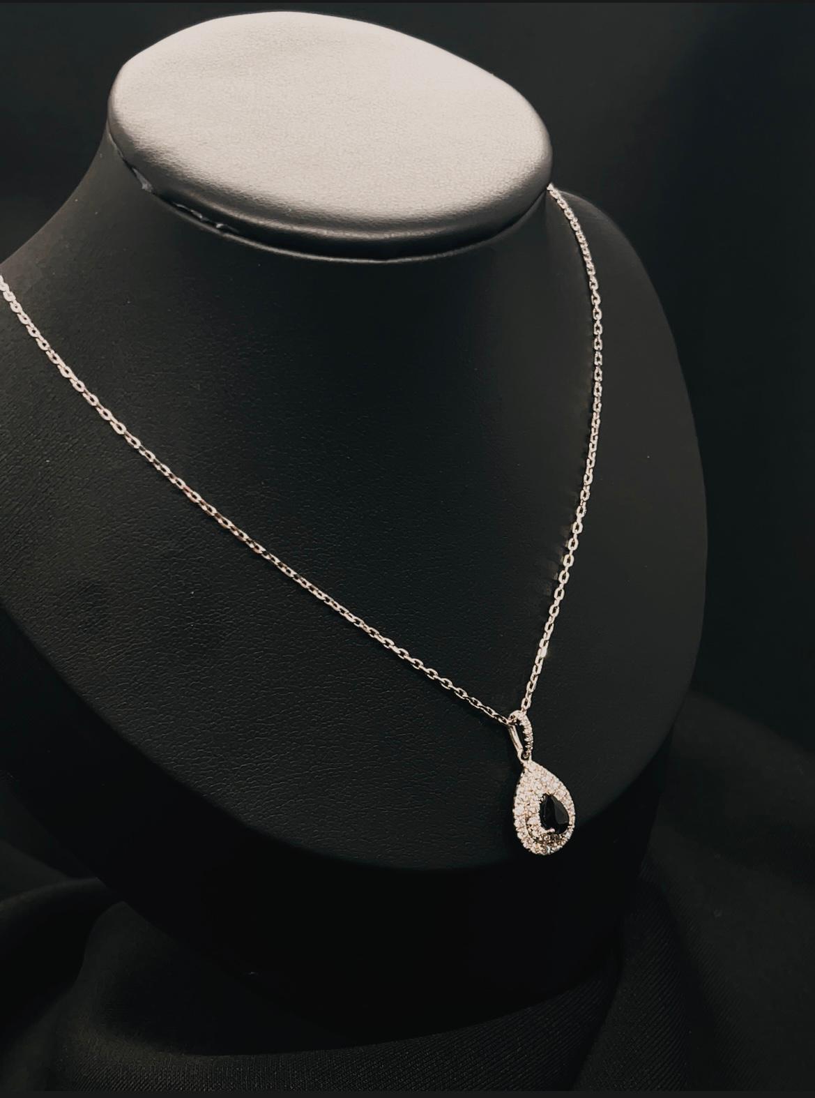 14K White Gold Diamond(0.51Ct)  Necklace With Blue Sapphire(0.60Ct)