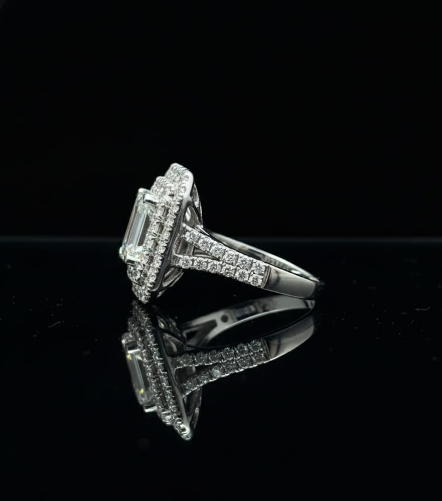 Emerald Cut Lab-Grown Diamond Three-Halo Ring in 18kt White Gold